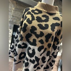 Nine West Black and Tan Leopard Print Turtleneck Sweater